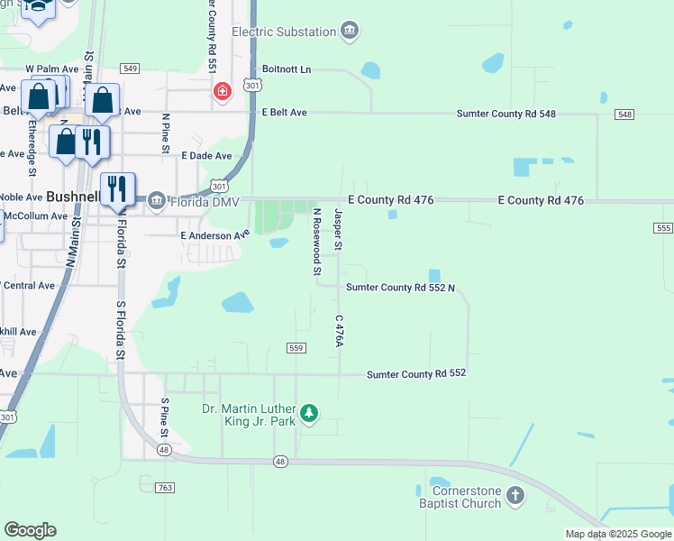 map of restaurants, bars, coffee shops, grocery stores, and more near 109 North Rosewood Street in Bushnell