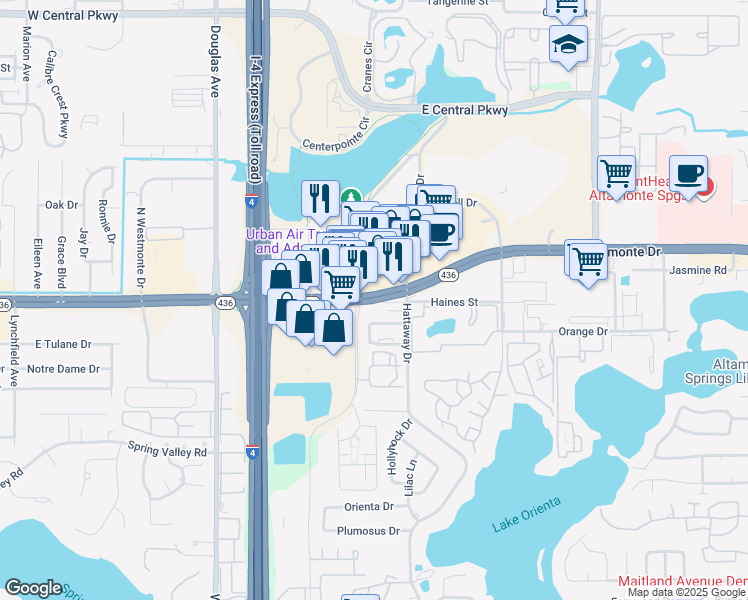 map of restaurants, bars, coffee shops, grocery stores, and more near 224 Hwy 436 in Altamonte Springs