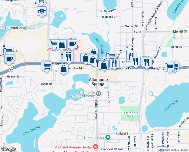 map of restaurants, bars, coffee shops, grocery stores, and more near 710 East Altamonte Drive in Altamonte Springs