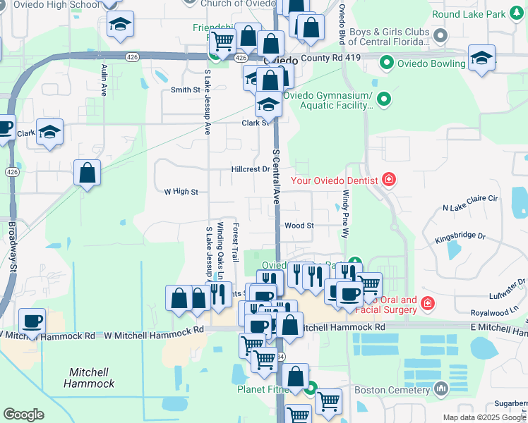 map of restaurants, bars, coffee shops, grocery stores, and more near 559 South Central Avenue in Oviedo