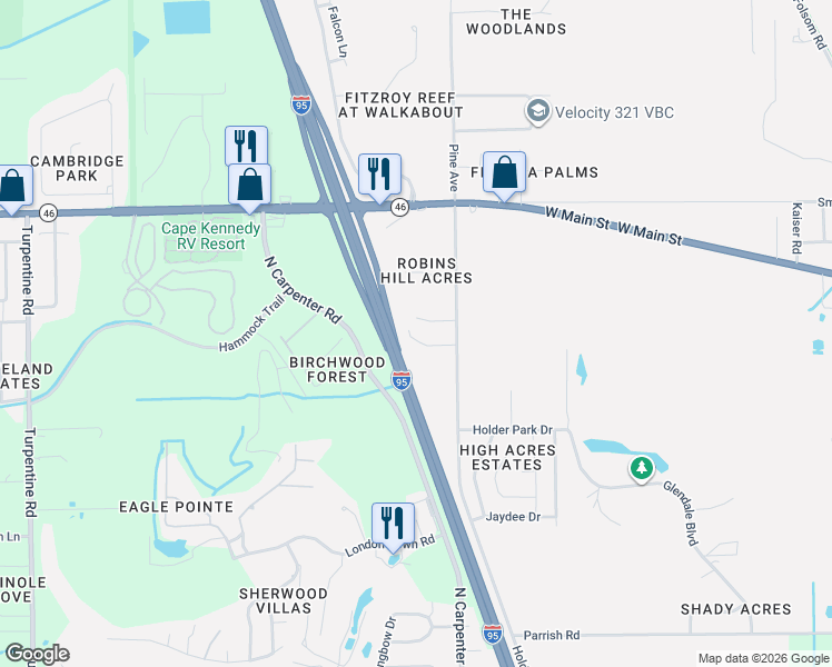 map of restaurants, bars, coffee shops, grocery stores, and more near 2318 Holder Road in Mims