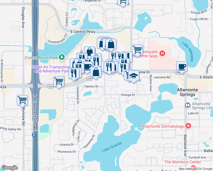 map of restaurants, bars, coffee shops, grocery stores, and more near 16 Village Green in Altamonte Springs
