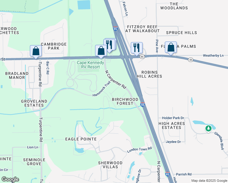 map of restaurants, bars, coffee shops, grocery stores, and more near 4351 Blue Jay Place in Titusville