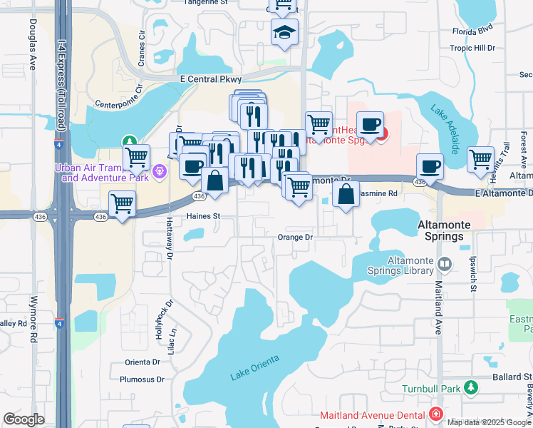 map of restaurants, bars, coffee shops, grocery stores, and more near 36 Village Green in Altamonte Springs