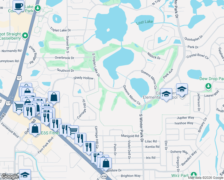 map of restaurants, bars, coffee shops, grocery stores, and more near 481 South Triplet Lake Drive in Casselberry