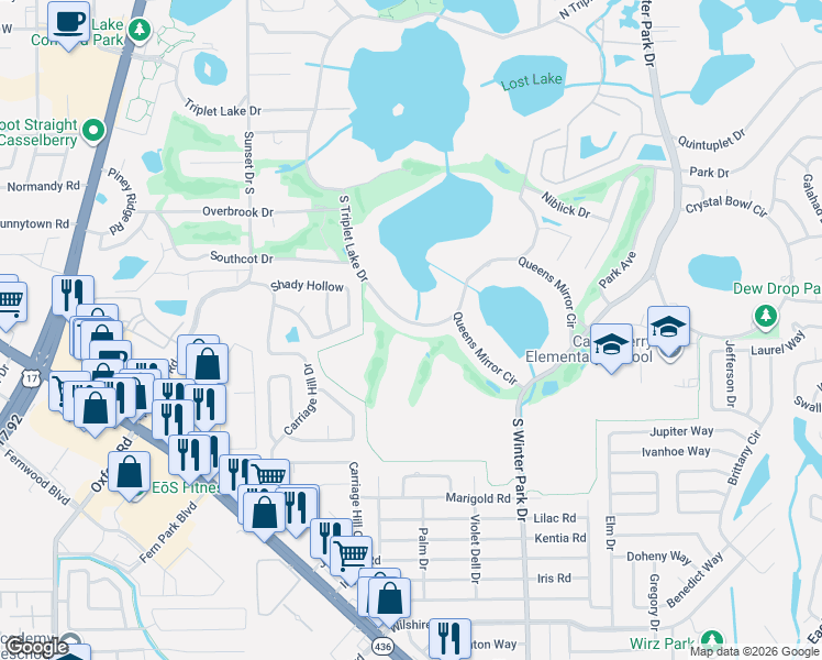 map of restaurants, bars, coffee shops, grocery stores, and more near 481 South Triplet Lake Drive in Casselberry