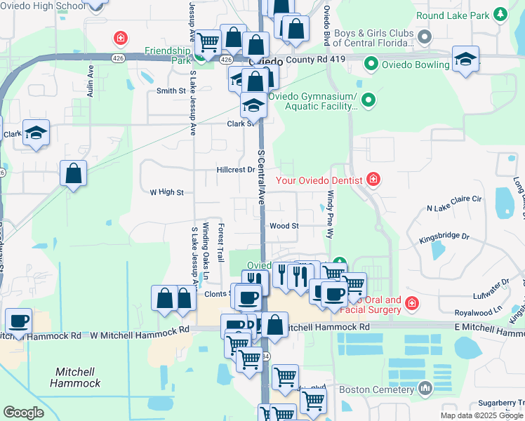 map of restaurants, bars, coffee shops, grocery stores, and more near 559 South Central Avenue in Oviedo