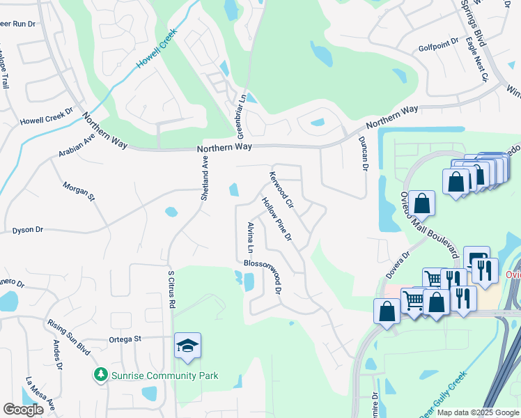 map of restaurants, bars, coffee shops, grocery stores, and more near 1034 Alvina Lane in Oviedo