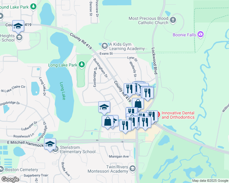 map of restaurants, bars, coffee shops, grocery stores, and more near 590 Horseman Drive in Oviedo