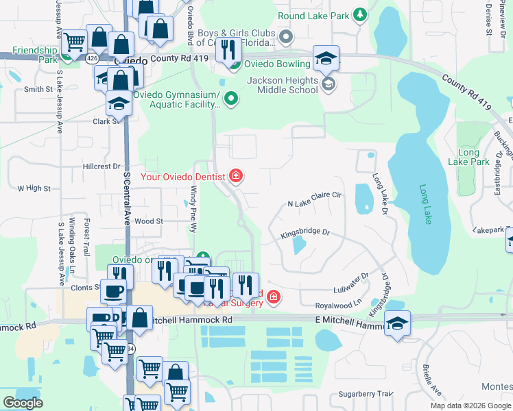 map of restaurants, bars, coffee shops, grocery stores, and more near 563 Piazza Point in Oviedo