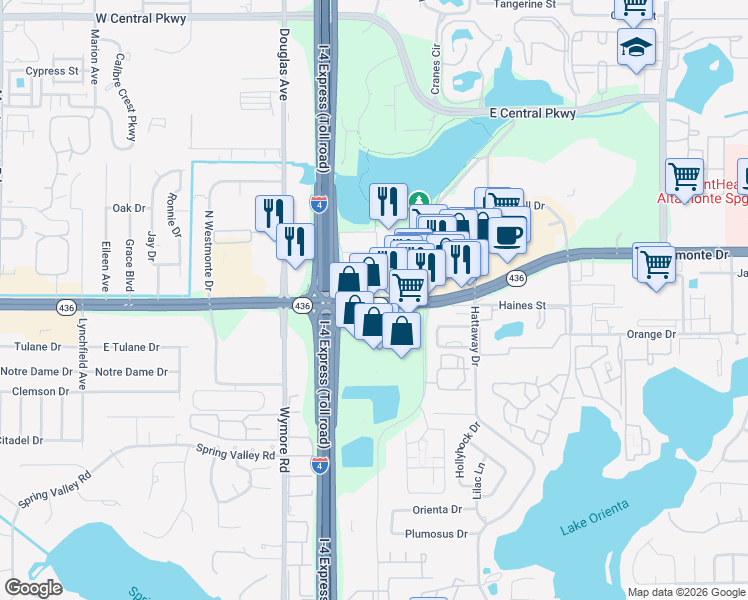 map of restaurants, bars, coffee shops, grocery stores, and more near 101 East Altamonte Drive in Altamonte Springs