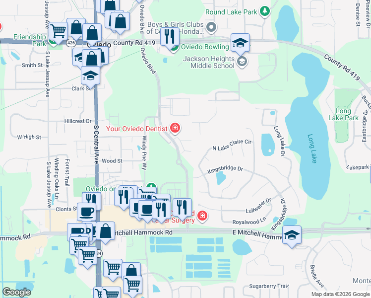 map of restaurants, bars, coffee shops, grocery stores, and more near 563 Piazza Point in Oviedo