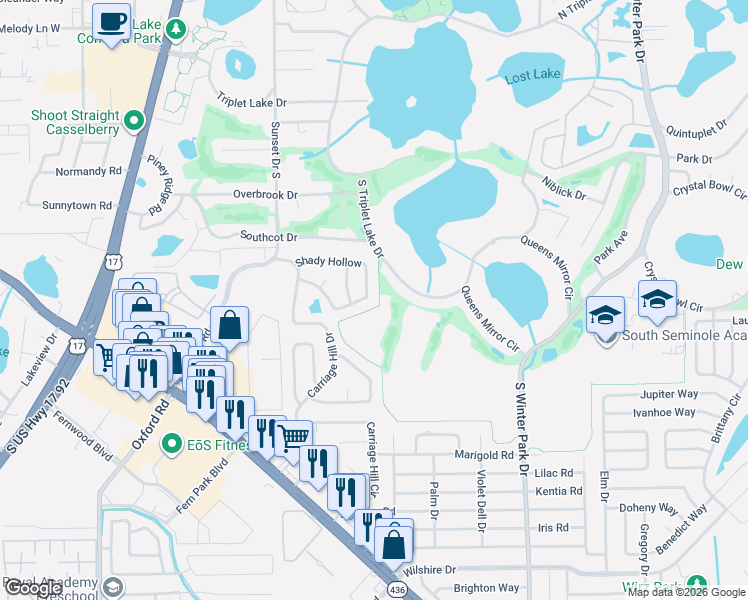 map of restaurants, bars, coffee shops, grocery stores, and more near 457 South Triplet Lake Drive in Casselberry