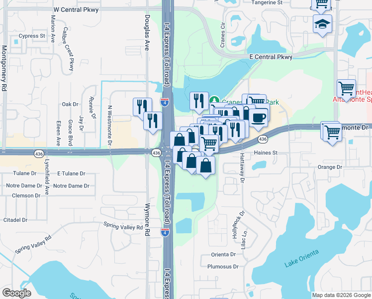 map of restaurants, bars, coffee shops, grocery stores, and more near 101 East Altamonte Drive in Altamonte Springs