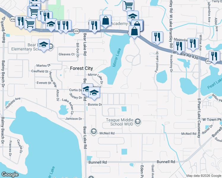 map of restaurants, bars, coffee shops, grocery stores, and more near 3807 Anna Drive in Apopka
