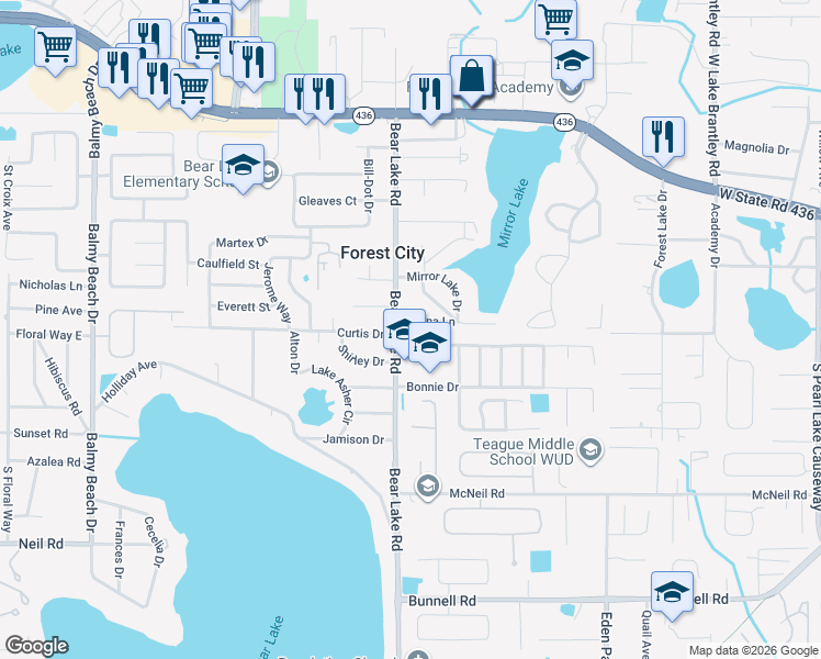 map of restaurants, bars, coffee shops, grocery stores, and more near 1124 Bear Lake Road in Apopka