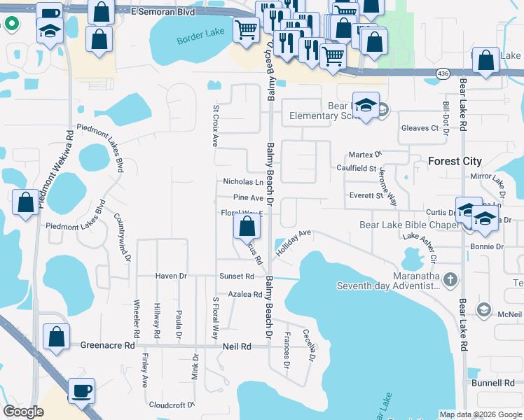 map of restaurants, bars, coffee shops, grocery stores, and more near 2941 East Floral Way in Apopka