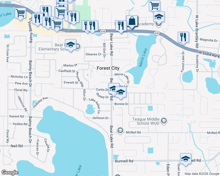map of restaurants, bars, coffee shops, grocery stores, and more near 1124 Bear Lake Road in Apopka
