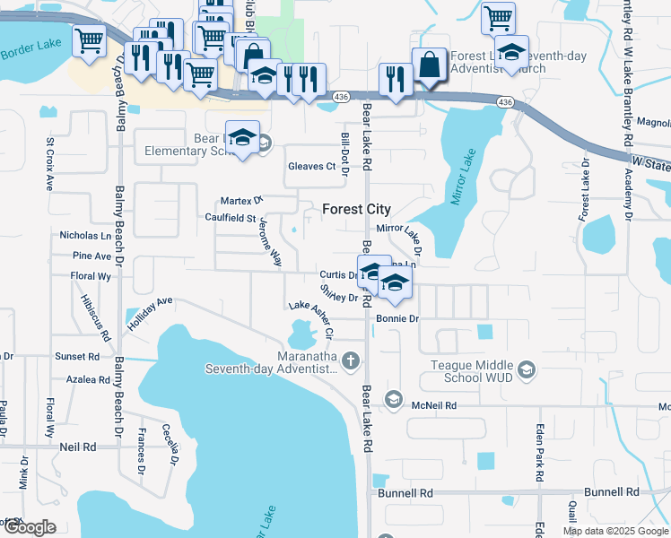 map of restaurants, bars, coffee shops, grocery stores, and more near 3511 Curtis Drive in Apopka