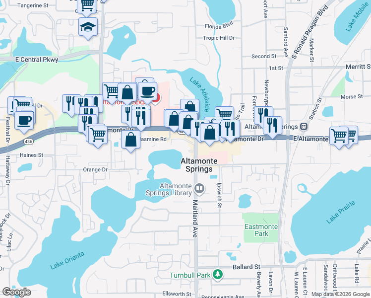 map of restaurants, bars, coffee shops, grocery stores, and more near 676 Lake Villas Drive in Altamonte Springs