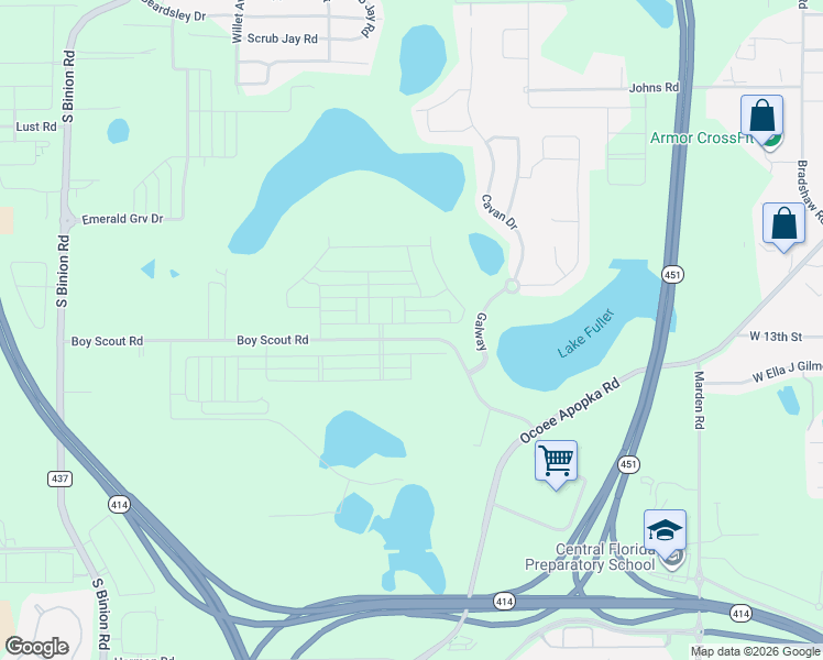 map of restaurants, bars, coffee shops, grocery stores, and more near 1748 Boy Scout Road in Apopka