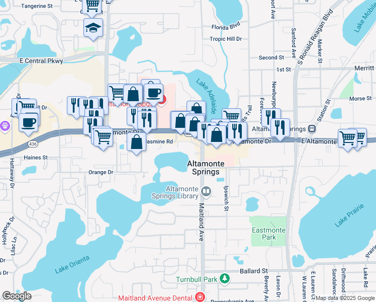 map of restaurants, bars, coffee shops, grocery stores, and more near 676 Lake Villas Drive in Altamonte Springs