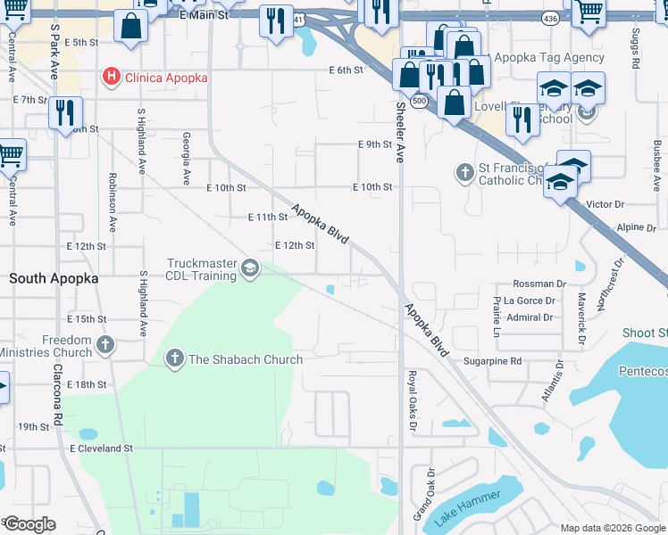 map of restaurants, bars, coffee shops, grocery stores, and more near in South Apopka