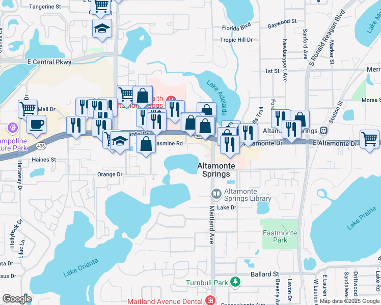 map of restaurants, bars, coffee shops, grocery stores, and more near 676 Lake Villas Drive in Altamonte Springs
