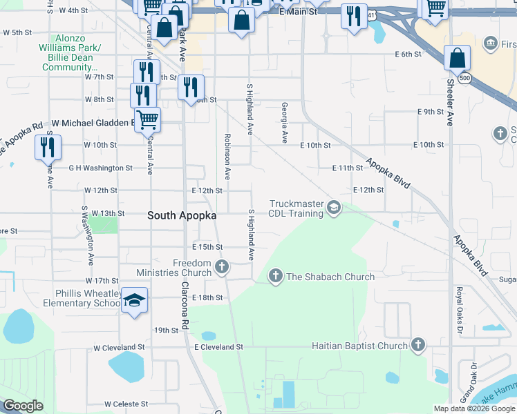 map of restaurants, bars, coffee shops, grocery stores, and more near in South Apopka