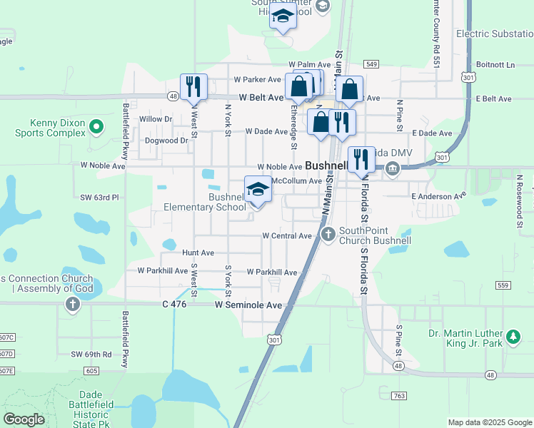 map of restaurants, bars, coffee shops, grocery stores, and more near 218 West Flannery Avenue in Bushnell