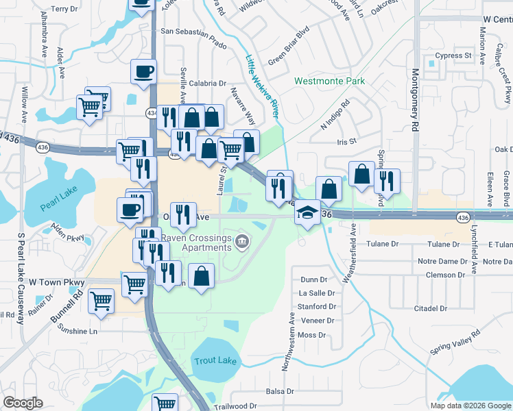 map of restaurants, bars, coffee shops, grocery stores, and more near 740 Orange Avenue in Altamonte Springs