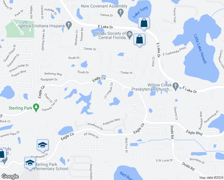 map of restaurants, bars, coffee shops, grocery stores, and more near 260 12 League Circle in Casselberry