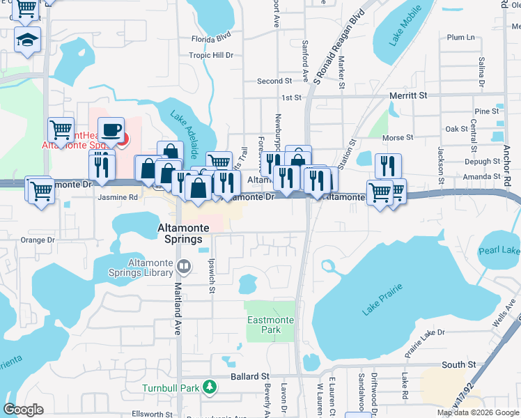 map of restaurants, bars, coffee shops, grocery stores, and more near 850 East Altamonte Drive in Altamonte Springs