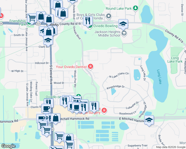 map of restaurants, bars, coffee shops, grocery stores, and more near 563 Piazza Point in Oviedo