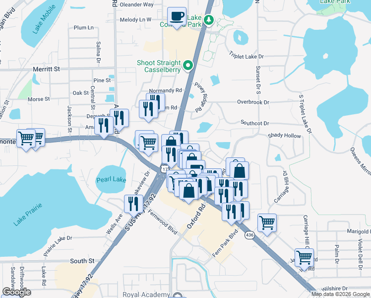 map of restaurants, bars, coffee shops, grocery stores, and more near 3851 Grandpine Way in Casselberry