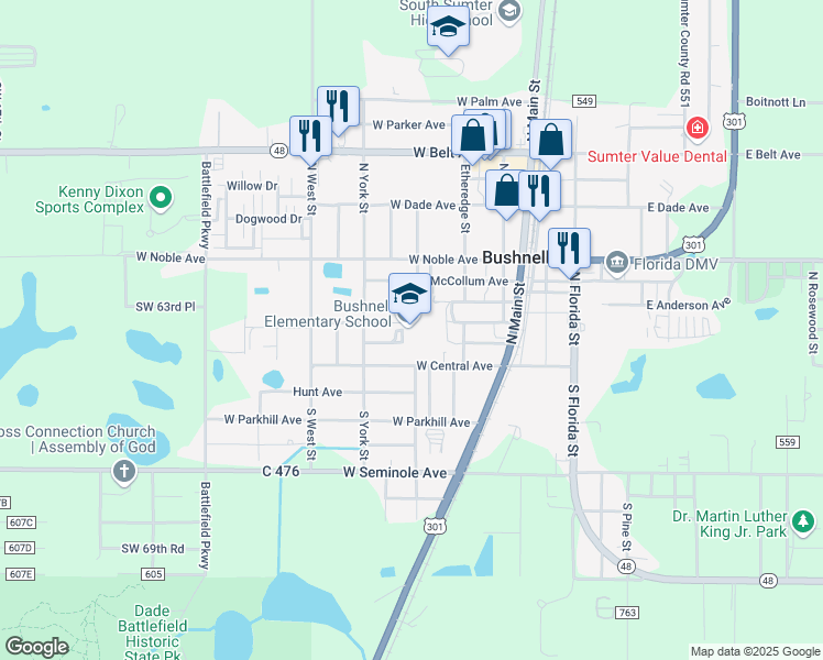map of restaurants, bars, coffee shops, grocery stores, and more near 218 West Flannery Avenue in Bushnell