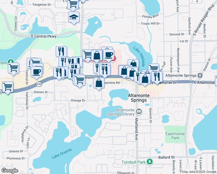 map of restaurants, bars, coffee shops, grocery stores, and more near 217 Boston Avenue in Altamonte Springs