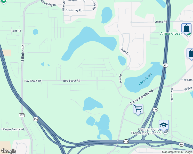 map of restaurants, bars, coffee shops, grocery stores, and more near 1879 Boy Scout Road in Apopka