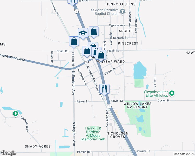 map of restaurants, bars, coffee shops, grocery stores, and more near 3125 Davis Street in Mims