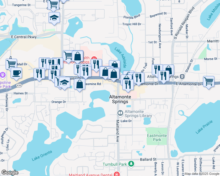 map of restaurants, bars, coffee shops, grocery stores, and more near 684 Lake Villas Drive in Altamonte Springs