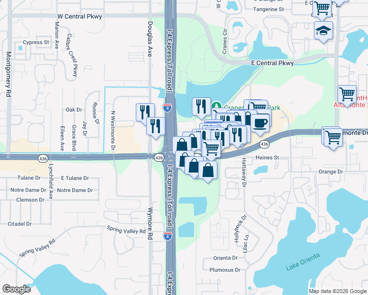 map of restaurants, bars, coffee shops, grocery stores, and more near 101 Oyster Bay Circle in Altamonte Springs