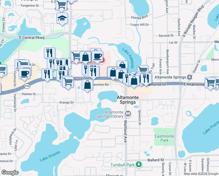 map of restaurants, bars, coffee shops, grocery stores, and more near 640 Jasmine Road in Altamonte Springs