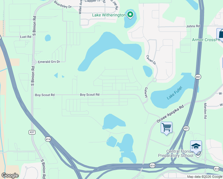 map of restaurants, bars, coffee shops, grocery stores, and more near 1885 Boy Scout Road in Apopka