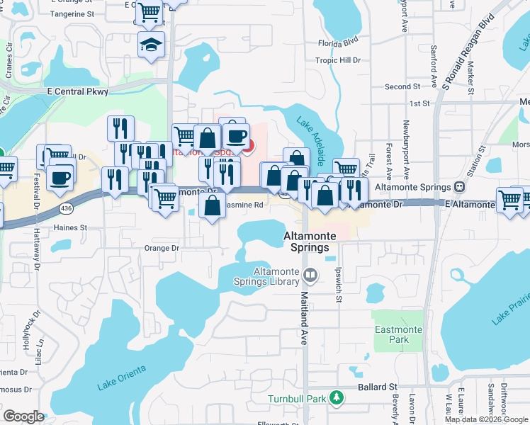 map of restaurants, bars, coffee shops, grocery stores, and more near 640 Jasmine Road in Altamonte Springs