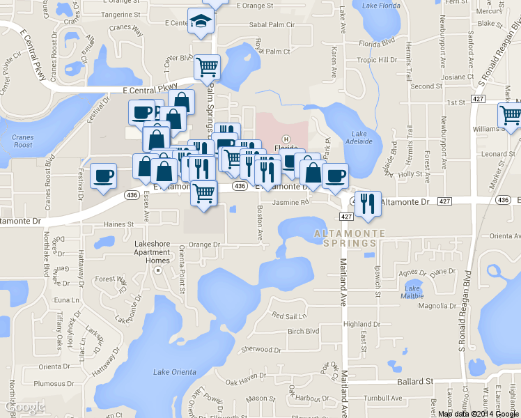 map of restaurants, bars, coffee shops, grocery stores, and more near 672 Leslie Court in Altamonte Springs