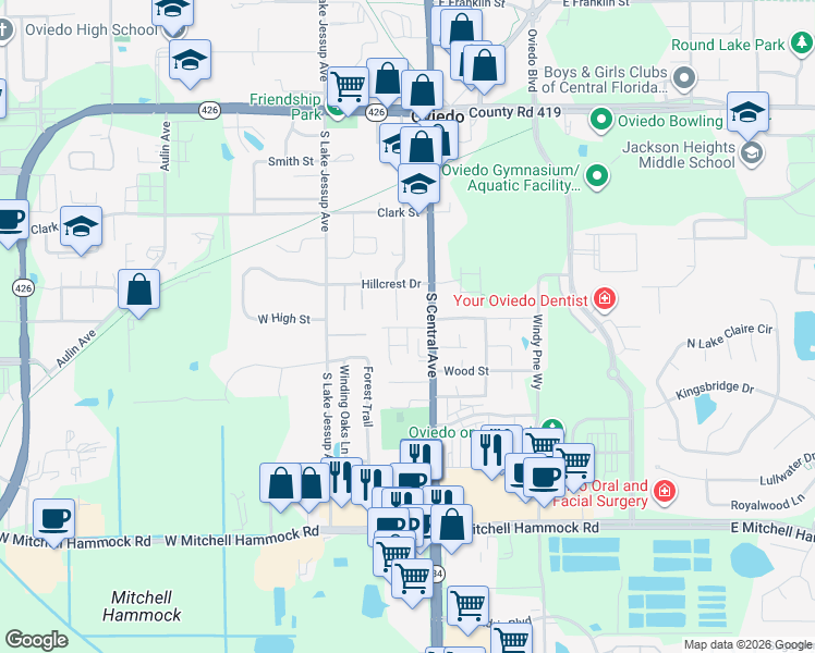 map of restaurants, bars, coffee shops, grocery stores, and more near Mayo Court in Oviedo