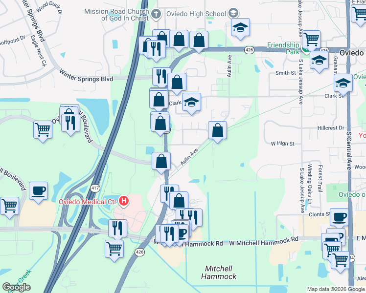 map of restaurants, bars, coffee shops, grocery stores, and more near 896 Douglas Avenue in Oviedo