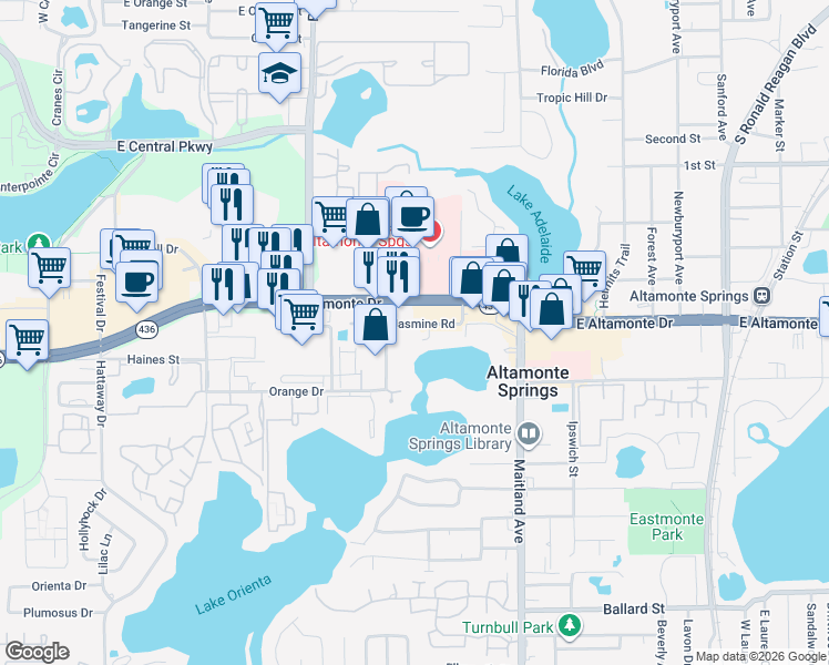 map of restaurants, bars, coffee shops, grocery stores, and more near 600-604 East Altamonte Drive in Altamonte Springs