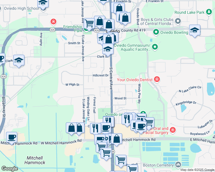 map of restaurants, bars, coffee shops, grocery stores, and more near 469 South Central Avenue in Oviedo