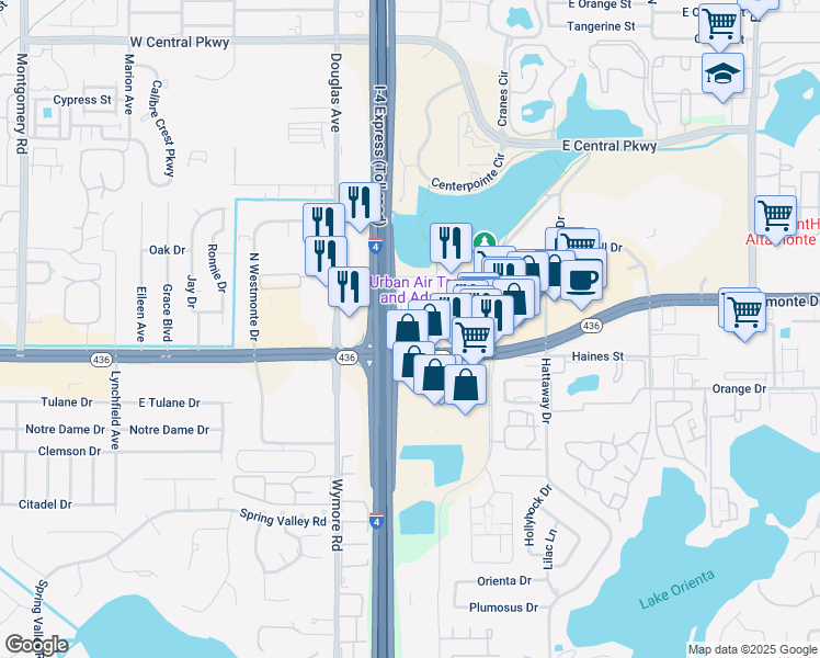 map of restaurants, bars, coffee shops, grocery stores, and more near 131 Water Front Way in Altamonte Springs